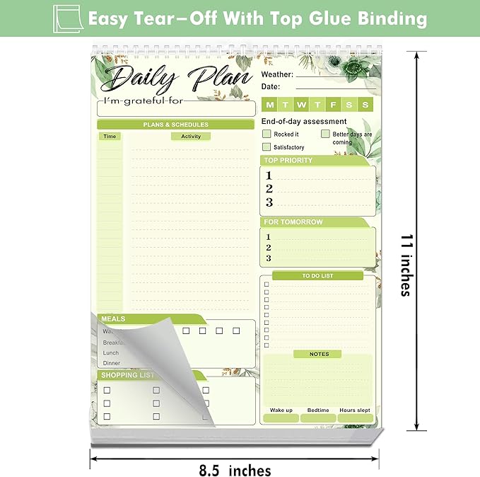Daily Plan Notepad, 52 Sheets 8.5" X 11.5" Daily for To-Do Lists, Habit Tracking, Academic Scheduling, and Productivity Goals - Perfect for Work, Home, and Office Organization| Tropical Green Floral-Ruum Studio Home