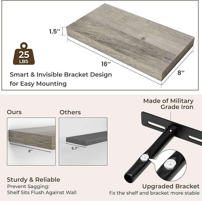 RICHFOCUS 16Inch Floating Shelves for Wall 2 Pack Shelves for Bedroom|Kitchen|Bathroom Wall Mounted Rustic Wood Floating Shelf with Invisible Brackets for Books|Storage|Decor, Grey-Ruum Studio Home