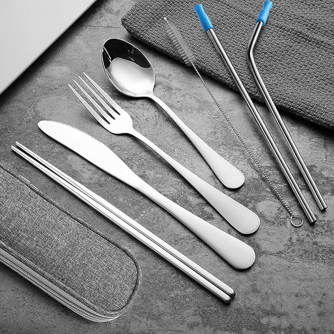 Travel Utensils Set with Case Reusable Portable Cutlery Set Stainless Steel 8pcs Including Dinner Knife Fork Spoon Chopsticks Straws(Silver)-Ruum Studio Home