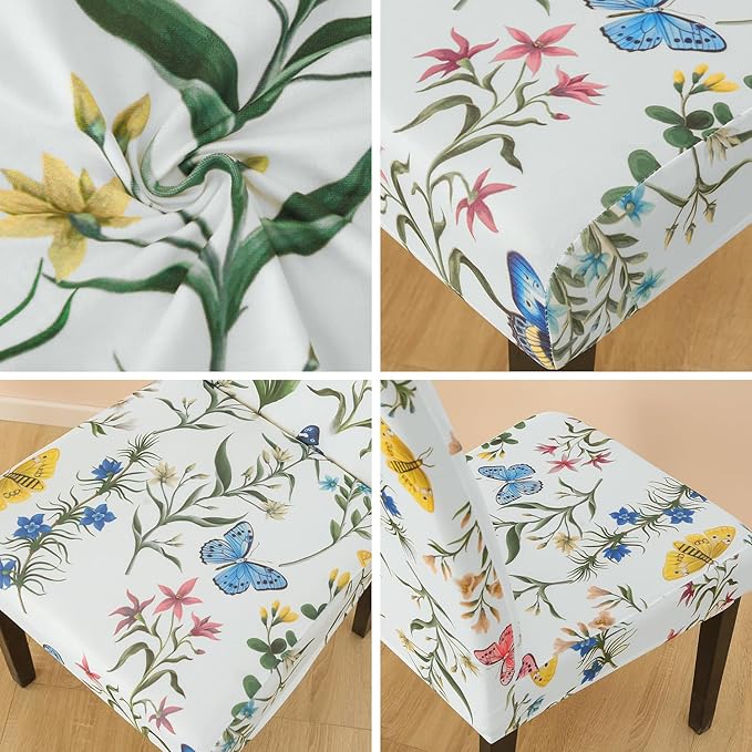 JQinHome Pattern Chair Covers for Dining Room Set of 4, High Stretch Removable Washable Parsons Chair Slipcover for Home Party Hotel Wedding Ceremony (Flowering Butterflies,4PCS)