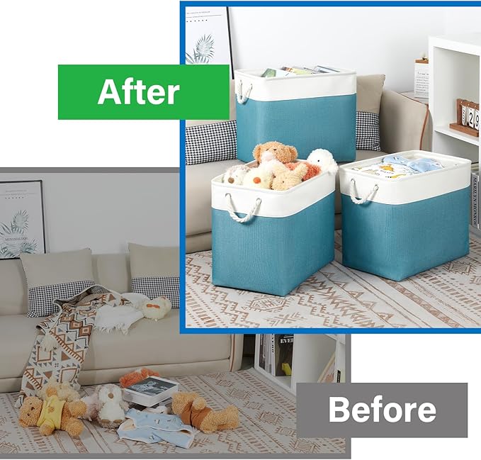 Bidtakay Extra Large Storage Baskets for Shelves 3 Pack Fabric Storage Bins for Organizing Linen Collapsible Organizer for Closet-White&Teal-Ruum Studio Home