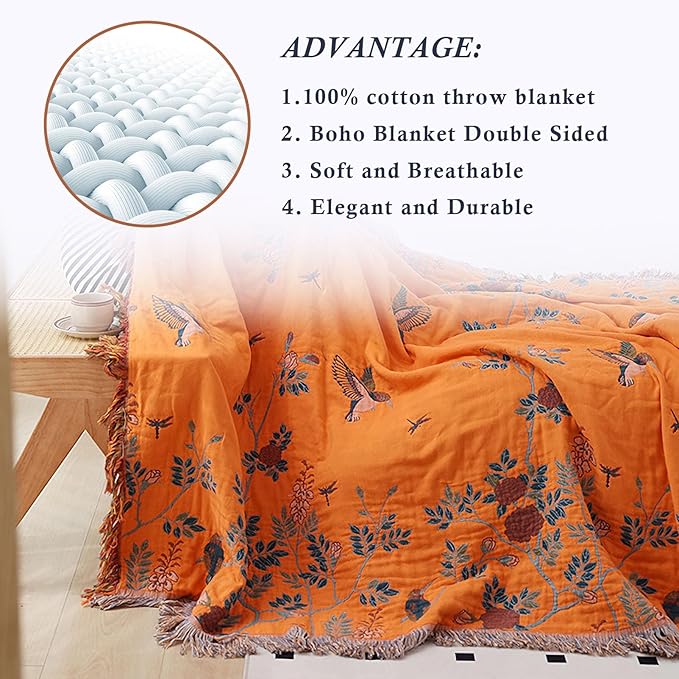 Snycler Boho Throw Blanket for Bed, 100% Organic Cotton Muslin Soft Throw-Floral Bird Farmhouse Rustic Spring Summer Fall Decor Blanket for Couch Sofa Quilt and Gift, 80" x 90" Orange-Ruum Studio Home