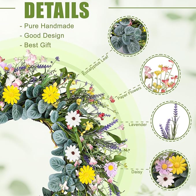 Artgar Spring Wreaths for Front Door, 24 Inch Daisy Wreath, Artificial Spring Summer Wreath with Eucalyptus Leaves Paper Flowers for Indoor Outdoor Home Door Window Wall Wedding Decor-Ruum Studio Home
