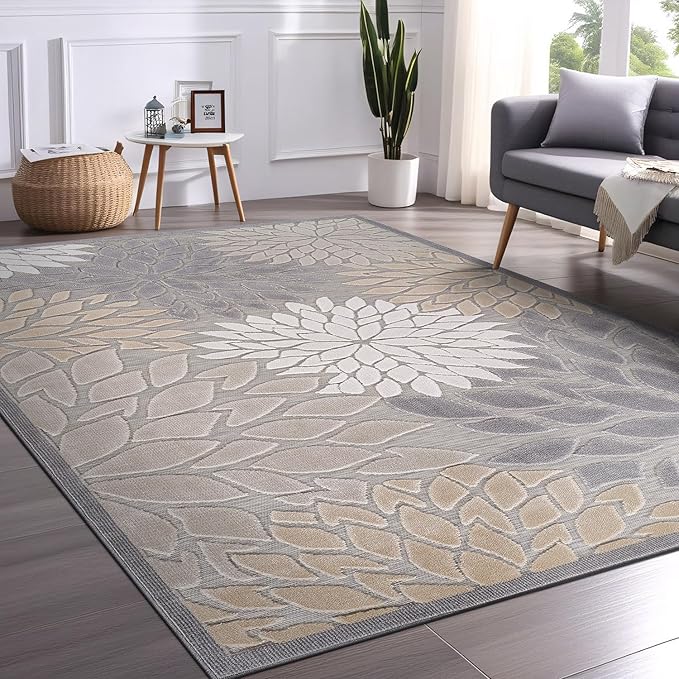 Beverly Rug Outdoor Rug 9x12 Large Modern Floral Tropical Area Rugs for Indoor and Outdoor Patio Easy to Clean Non Shedding Living Room Porch Garden Washable Outside Carpet (9 x 12 Gray)-Ruum Studio Home