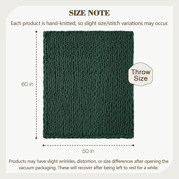 Carriediosa Chunky Knit Throw Blanket 50" X 60", 100% Hand Made Large Chenille Loop Yarn Soft Fluffy Throws for Couch Sofa Bed, Big Crochet Cozy Heavy Thick Cable Woven Blankets, Dark Green-Ruum Studio Home