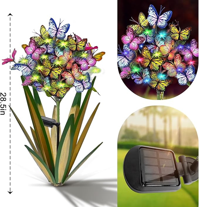 Solar Metal Agave Butterfly Flower Stick Garden Sculpture - Outdoor Christmas Lights With Swaying Butterfly - Solar Powered Gift (2 PCS Light Green)-Ruum Studio Home