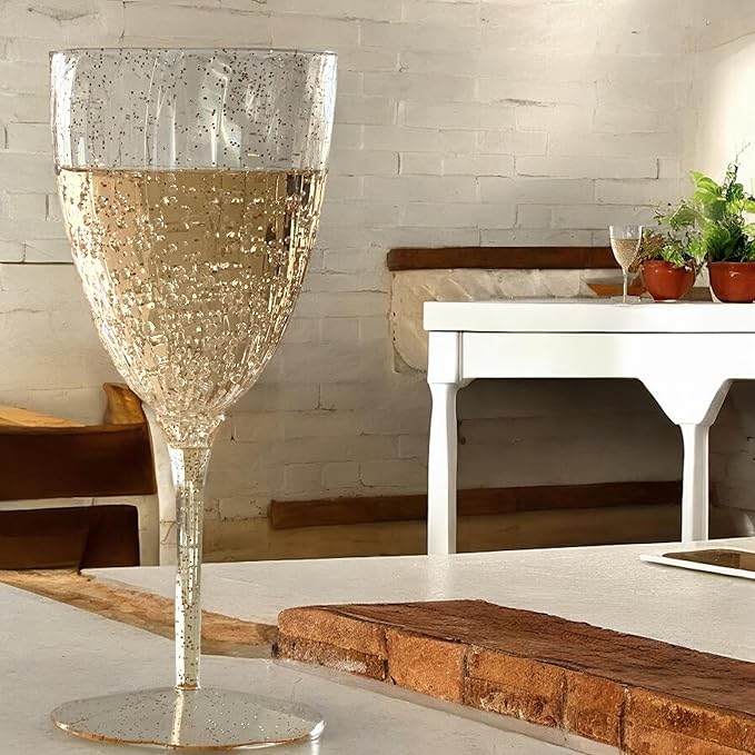 Oojami Elegant Plastic Champagne Flutes - 32 PCS, 7.8oz Disposable & Reusable Wine Glasses - Perfect for Home, Parties, Weddings, Birthdays & Celebrations (32, Gold Glitter)-Ruum Studio Home