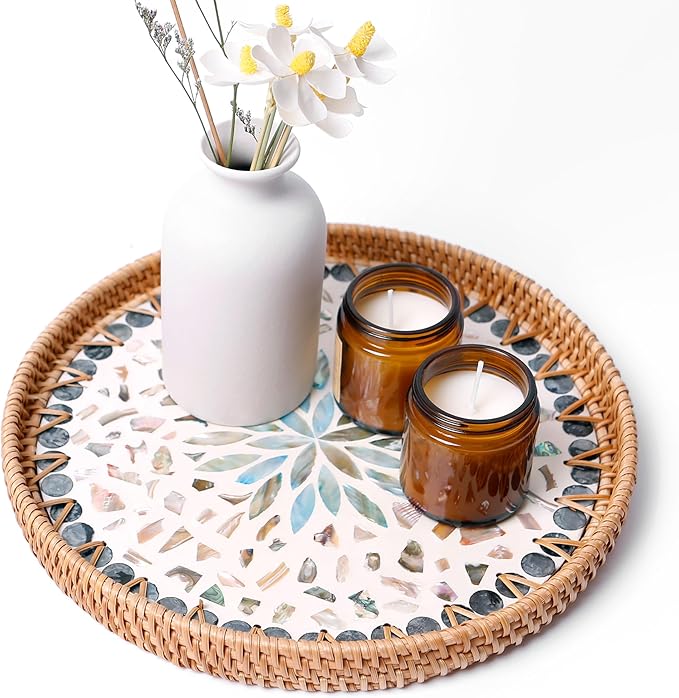 Round Rattan Tray with Mother of Pearl Inlay & Wooden Base - Decorative Wicker Serving Tray for Coffee/Bread/Fruits, Food Storage & Display - Multipurpose Home Decor (M,Fish Scales)-Ruum Studio Home