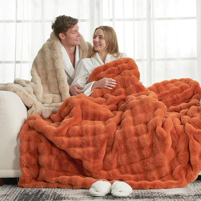Cozy Bliss Faux Fur Throw Blanket for Couch, Fuzzy Soft Plush Thick Bubble Blanket for Sofa Bedroom Living Room, 60 * 80 Inches Burnt Orange-Ruum Studio Home