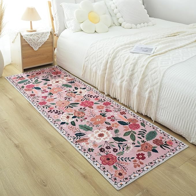 Runner Rug for Hallways Kitchen Rug Non Slip 2'6''x8' Washable Runner Rugs with Rubber Backing Soft Floral Carpet Runner for Hallways, Kitchen, Laundry, Bedroom, Bathroom(Pink)-Ruum Studio Home