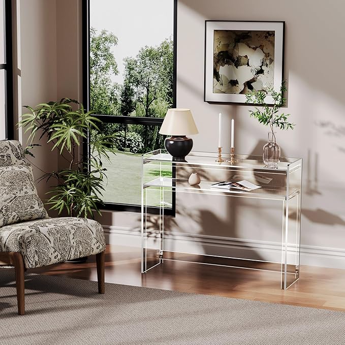 Acrylic Console Table, Entryway Table with Storage Shelves (1, 39.4 * 31.5 * 11.7) (Clear)-Ruum Studio Home