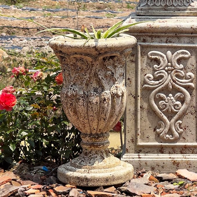 VISIBLE Vintage European Giant Garden Urn Planter, Decorative Cement and Fiber Flower Pot, Make Rust Finished, Wrap Foam Safely Delivered from Los Angeles (Vintage, Medium)-Ruum Studio Home