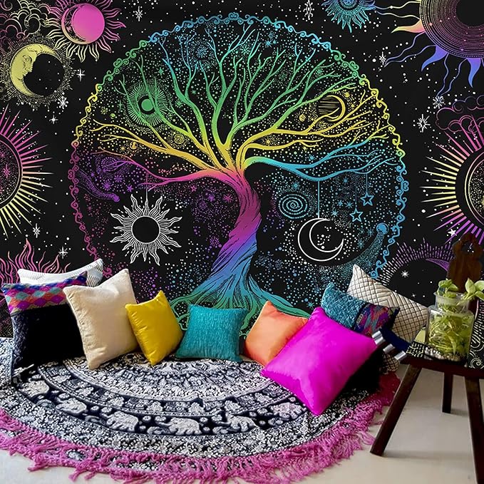 AACKart Blacklight Tapestry for Bedroom - Spiritual Tree of Life Wall Tapestry Glow in the Dark Wall Hanging 90.5 x 70.8 inches-Ruum Studio Home