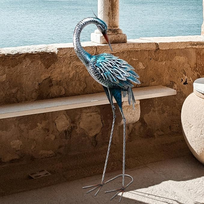 37 Inch Blue Heron Crane Statue, Metal Yard Art Outdoor Decoy, Garden Sculpture for Lawn/Pond Decoration, 1Pc, ORTBL-CR24053A-18-Ruum Studio Home
