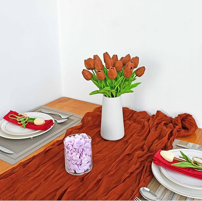 Mandy's Artificial Tulips 20 Stems Burnt Orange PU Faux Flowers for Wedding Home Decor 13.5 Inch-Ruum Studio Home