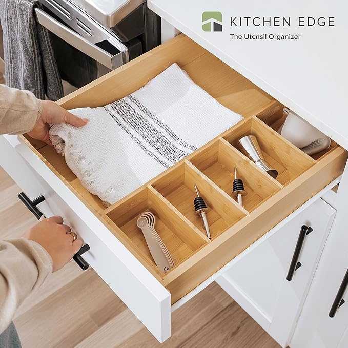 Premium Kitchen Utensils and Junk Drawer Organizer – Small 5-Compartment Design with 4 Removable Dividers, Non-Slip Feet, 100% Sustainable Bamboo-Ruum Studio Home