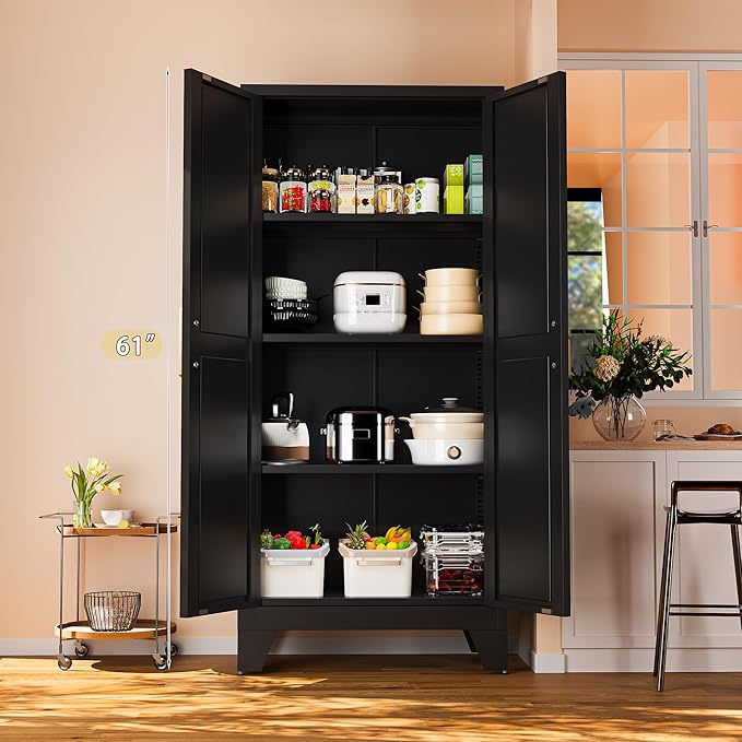 61" Tall Farmhouse Metal Pantry Cabinet, Kitchen Pantry Storage Cabinets with 2 Barn Door and Adjustable Shelves,Metal Pantry Storage Cabinet,for Kitchen,Laundry Room,Home Office,Kids Room (Black)-Ruum Studio Home
