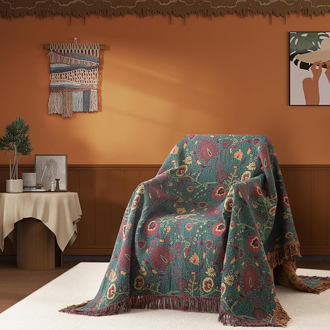 Boho Throw Blanket Queen Size, Oversized Soft Cozy Cotton Muslin Quilt Blanket for Bed Decor, Floral Patterned Couch Sofa Chair Cover, Vintage Farmhouse Cottage Woven Blanket, Green&Orange-Ruum Studio Home