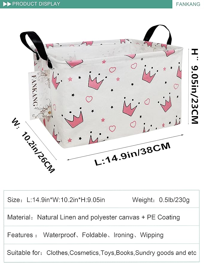 FANKANG Storage Bins, Nursery Hamper Canvas Laundry Basket Foldable with Waterproof PE Coating Large Storage Baskets for Kids Boys and Girls, Office, Bedroom, Clothes,Toys(Rec-pink crowns)-Ruum Studio Home