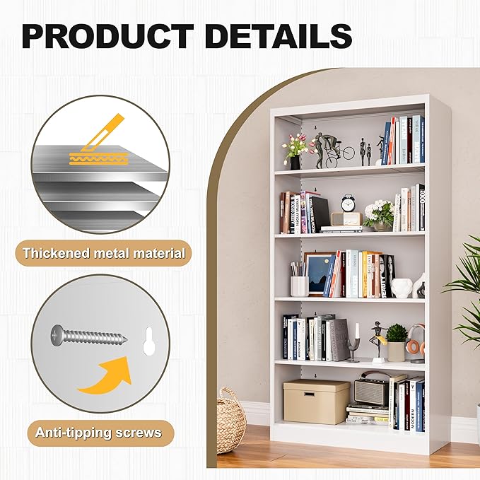 66" Tall Metal Bookcase, 5 Shelf White Bookcase with Adjustable Shelves, Large Bookshelves and Bookcases, Modern Book Shelf Storage Organizer for Living Room, Home Office, Library-Ruum Studio Home