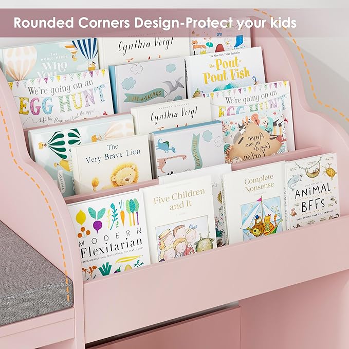 HOSTACK 67" Kids Reading Nook with Bench, Kids Bookshelf and Bookcase with Seat Cushion and 6 Storage Cubbies, Toy Storage Box on Wheels, Toy Chest for Playroom, Bedroom, School, Pink-Ruum Studio Home