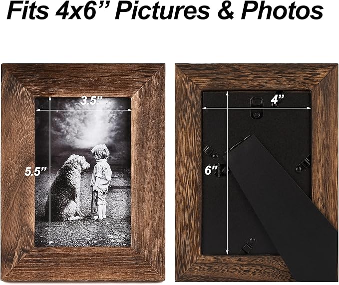 Yaetm-4x6 Picture Frame Set of 2, Natural Solid Wood Distressed Photo Frame, Display On Tabletop And Wall, High Definition Real Glass, Carbonized Black (2 pack)-Ruum Studio Home