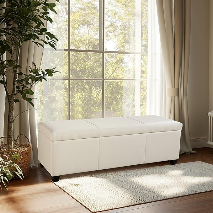 BELLEZE 47 Inch Storage Ottoman, Faux Leather Storage Bench Bedroom Bench with Safety Close Hinge, Ottoman with Storage for Living Room, Entryway, Hallway, Foot Rest, Support 300lbs - Cream-Ruum Studio Home
