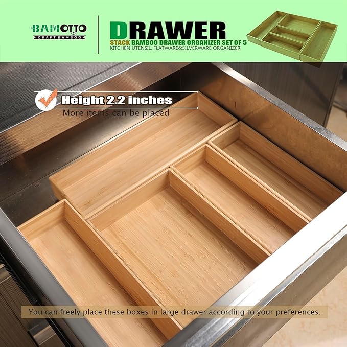 Stack Bamboo Drawer Organizer Set of 5, Kitchen Utensil, Flatware&Silverware Organizer-Wood Laminated Stackable for Kitchen, Bedroom, 13.4''x4.5''*2+10.2''x3.3''*2+10.2''x6.7''*1-Ruum Studio Home