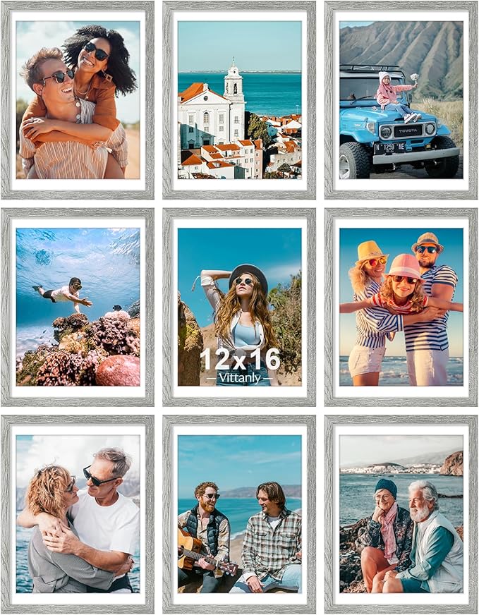 Vittanly 12x16 Picture Frames Set of 9, Shatter Resistant Plexiglass, Display 11x14 Pictures with Mat or 12x16 without Mat, Photo Frames for Wall Mount, Engineered Wood, Grey-Ruum Studio Home
