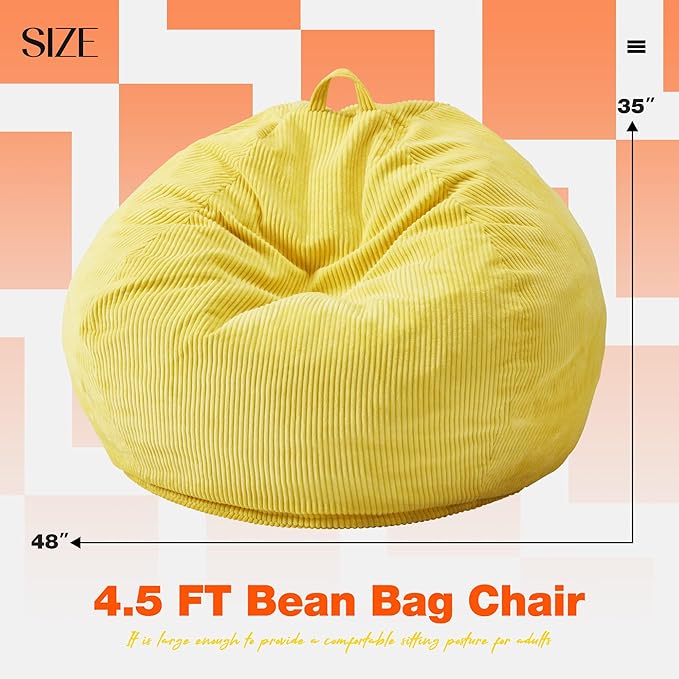 Hobestluk 4.5FT Bean Bag Chair Giant Bean Bag Chair with Filler Included Adult Bean Bag Chairs with Removable Cover for Bedroom Living Room - (Jumbo, Yellow)-Ruum Studio Home