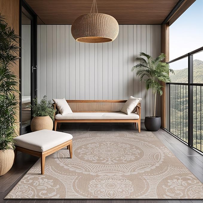 Medallion Outdoor Rug 9x12 Washable Outside Carpet for Indoor Patio Porch Waterproof Easy Cleaning Non Shedding Area Rugs Beige 9 x 12-Ruum Studio Home