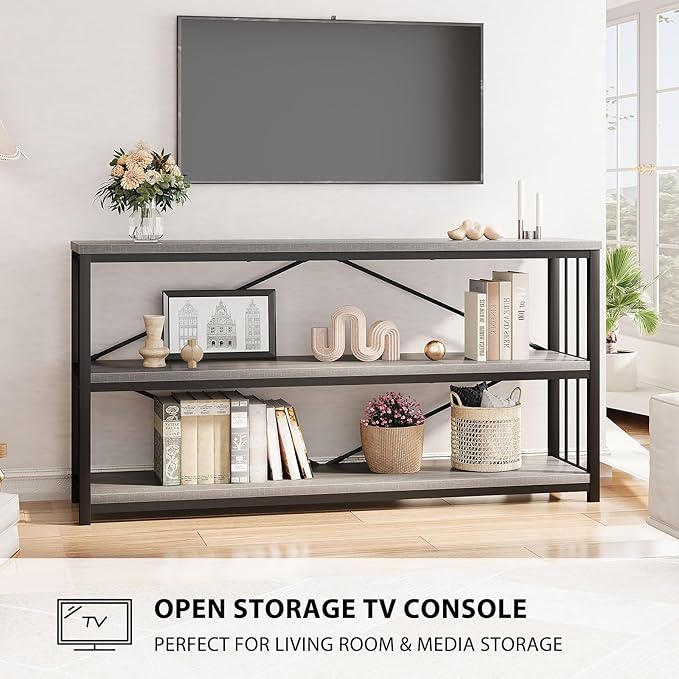 LVB Long Console Table with Storage, Farmhouse Rustic Skinny Entryway Table, Modern Wood Metal Hallway Sofa Table with Shelf, Industrial Narrow Couch Entry Table for Foyer Living Room, Light Grey, 63-Ruum Studio Home