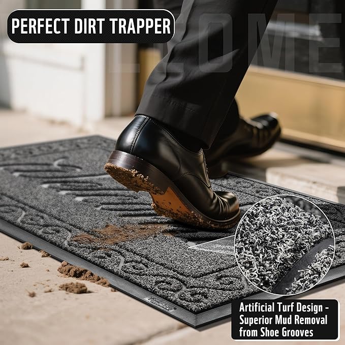 Yimobra Welcome Mat, Heavy Duty Sturdy Door Mats for Home Entrance Outdoor Indoor, Front Doormat for Outside Patio Floor Entry Porch Garage Office, Waterproof, Low Profile, 29.5 x 17, Black Grey-Ruum Studio Home