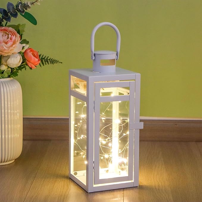 TRIROCKS Stainless Steel Decorative Lantern 12'' High Metal Candle Holder with Clear Glass Panels Perfect for Home Decor Living Room Parties Events Tabletop Indoor Outdoor (White)-Ruum Studio Home