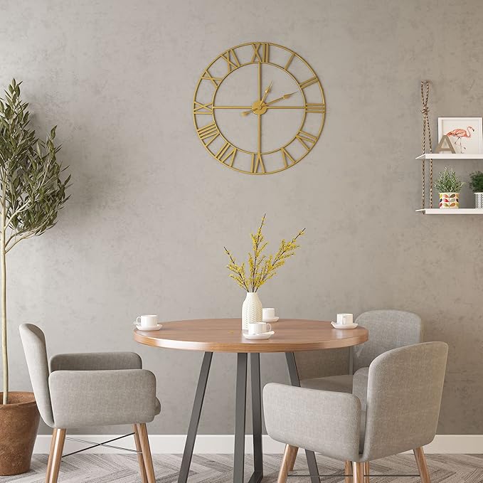 Large Modern Metal Wall Clocks Rustic Round Silent Non Ticking Battery Operated Roman Numerals Clock for Living Room/Bedroom/Kitchen Wall Decor-(Gold, 40cm)-Ruum Studio Home