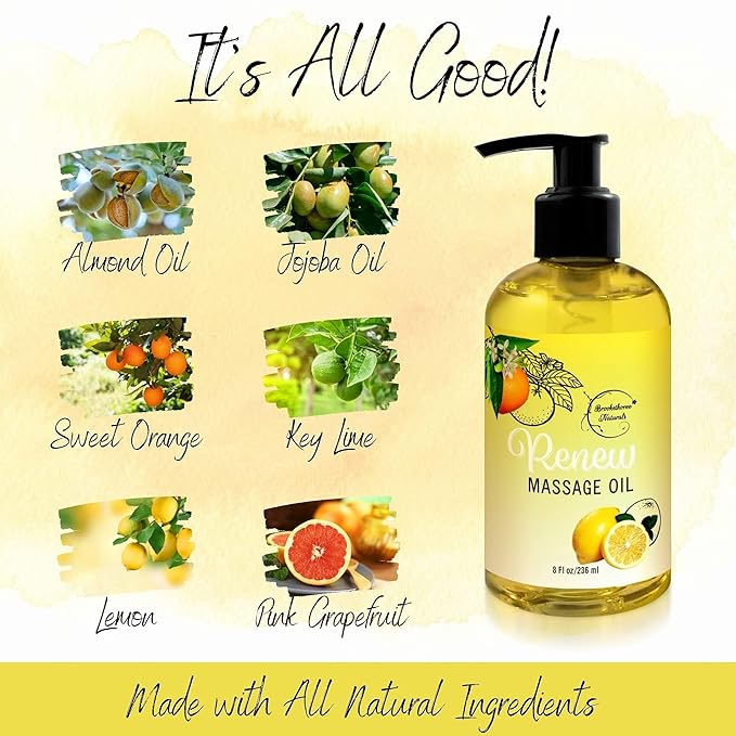 Renew Massage Oil with Orange, Lemon & Peppermint Essential Oils - Great for Massage Therapy or Home use. Ideal for Full Body – with Almond, Grapeseed & Jojoba – by Brookethorne Naturals-Ruum Studio Home