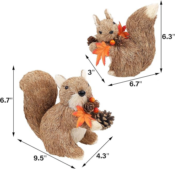 winemana Set of 2 Fall Table Decor-Squirrels with Leaves Pine Cones Thanksgiving Home Decorations Indoor Sisal Figurines, Cozy Fall Office Harvest Centerpiece Christmas Kitchen Décor-Ruum Studio Home