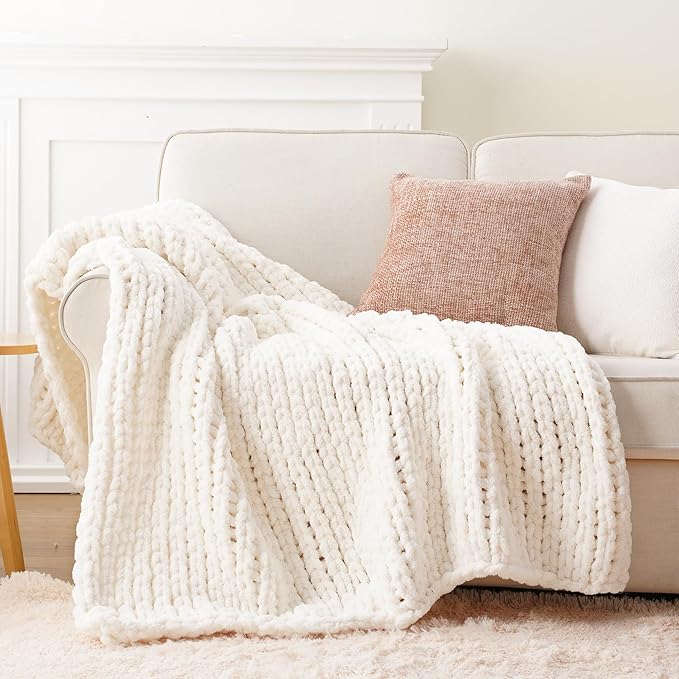 Battilo Chunky Knit Throw Blanket, Soft and Thick Chenille Throw Blanket, 50"x60" Handmade Cable Knit Crochet Blanket, Large Rope Knot Throw Blankets for Couch Sofa Bed Home Decor, Cream-Ruum Studio Home