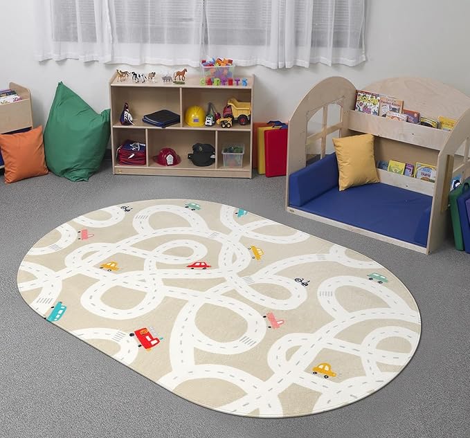 STARUIA Small Kids Rug for Kids Room, 3'x5' Washable Road Rug for Baby Nursery, Non-Slip Car Rugs for Playroom, Tan Traffic Play Mat Soft Fun Rugs for Boys Girls Dorm Toy Room Tent-Ruum Studio Home