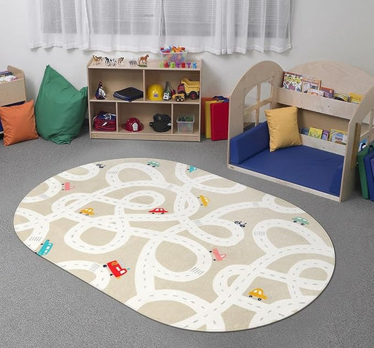 STARUIA Small Kids Rug for Kids Room, 3'x5' Washable Road Rug for Baby Nursery, Non-Slip Car Rugs for Playroom, Tan Traffic Play Mat Soft Fun Rugs for Boys Girls Dorm Toy Room Tent-Ruum Studio Home