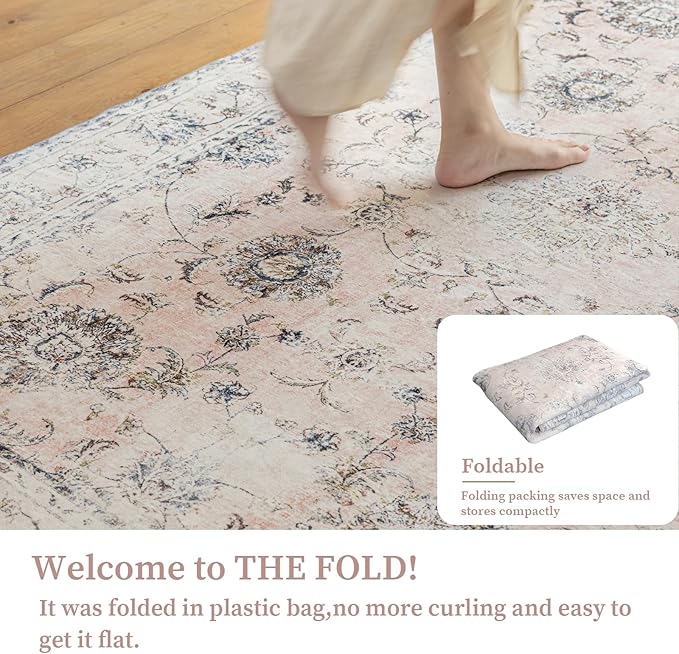 3'x5' Vintage Floral Rug - Persian Inspired Low-Pile Faux Wool Area Rug, Non-Slip Washable Small Rug for Bedroom, Nursery, Dorm, Soft Pink Boho Chic Decor-Ruum Studio Home