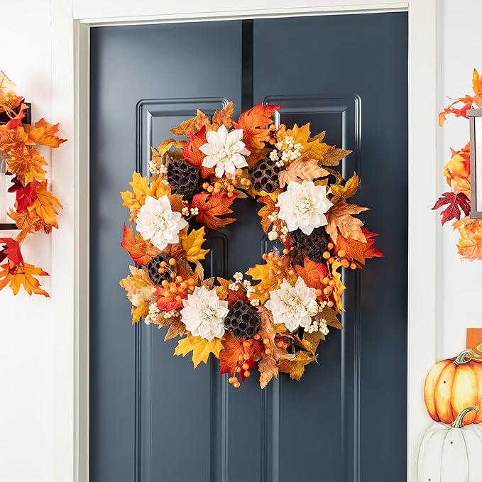Glitzhome 24" D Fall Sorghum Wreath with Metal Hanger, Harvest Wreath for Front Door, Fall Door Wreaths for Indoor Outdoor Thanksgiving Harvest Holiday Decorations-Ruum Studio Home