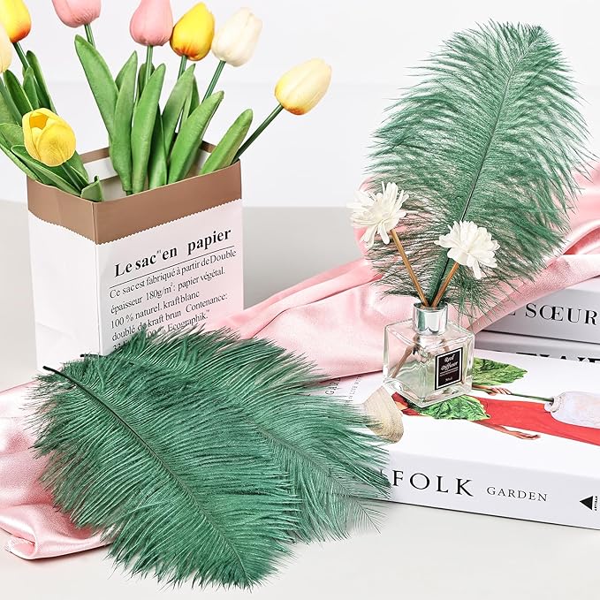 THARAHT Blackish Green Ostrich Feathers 12pcs Natural Bulk 8-10Inch 20cm-25cm for Crafts Wedding Party Centerpieces Mardi Gras Decoration Feather-Ruum Studio Home