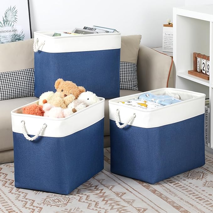 Bidtakay Extra Large Storage Baskets for Shelves 3 Pack Fabric Storage Bins for Organizing Linen Collapsible Organizer for Closet-White&Blue-Ruum Studio Home