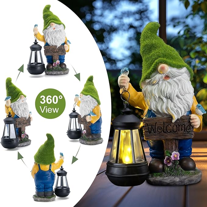 Garden Gnome Outdoor Statues with Solar Lights,Resin Flocked Solar Gnome Statue Holding Lantern,Outdoor Gnomes Decorations for Garden, Patio Gnome Gifts for Mom-Ruum Studio Home