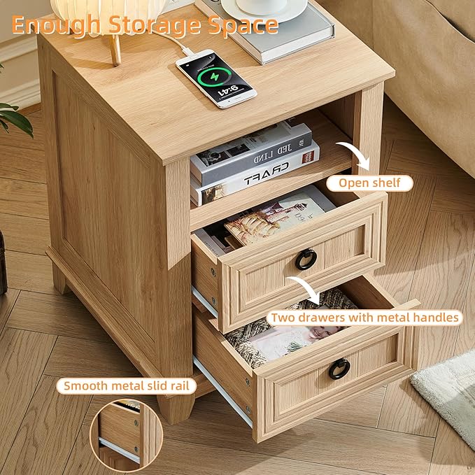 18" Farmhouse Night Stand with Charging Station, 2 Drawers Bedside End Table, Natural Wooden Nightstand, Bed Side Table Cabinet with Open Shelf for Bedroom Living Room Office-Ruum Studio Home