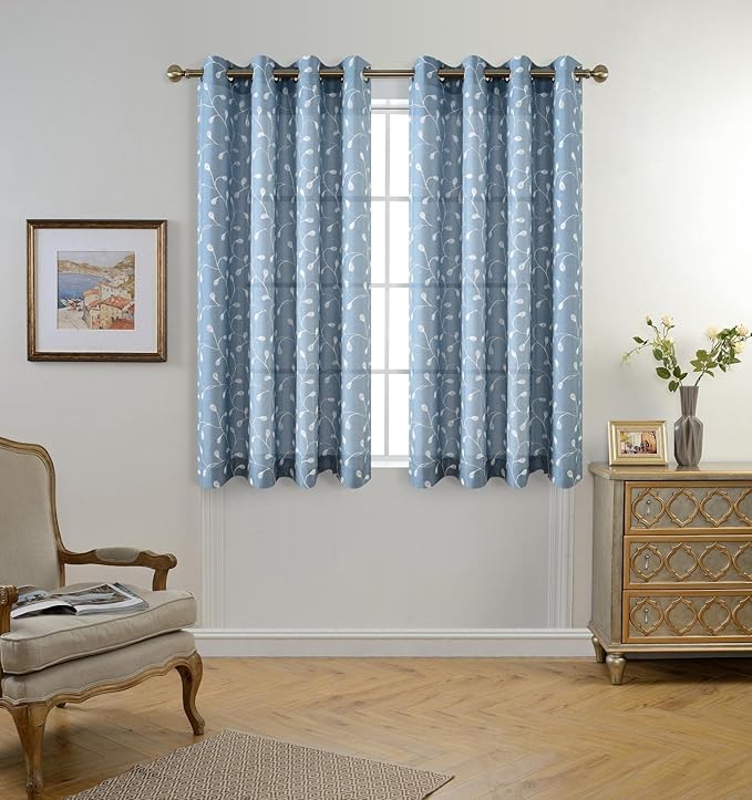 MIUCO Floral Embroidery Semi Sheer Curtains Faux Linen Grommet Curtains for Bedroom 52 x 63 Inch 2 Panels, Dusty Blue-Ruum Studio Home
