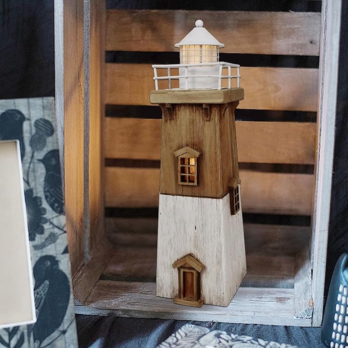 Linfevisi Wood Lighthouse Decor Rustic LED Light House Decor Wooden Decorative Nautical Lighthouse Statue Coastal Beach Themed Lighthouse Handcrafted Tabletop Decoration Home Bathroom (13.78")-Ruum Studio Home
