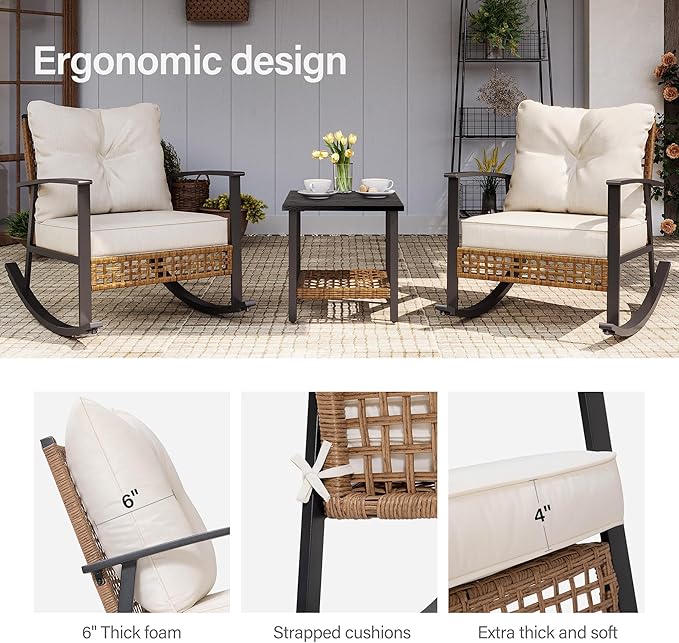 LAUSAINT HOME 3-Piece Rocking Bistro Set, Outdoor Patio Furniture with Thick Cushions and 2-Tier Coffee Table, Oversize Rattan Conversation Set for Garden, Balcony, Backyard (Beige)-Ruum Studio Home