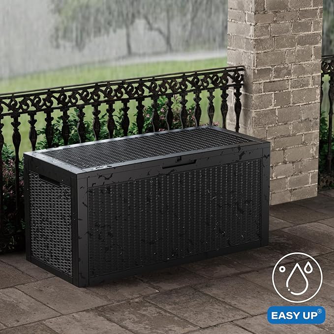 102 Gallon Outdoor Storage Box Waterproof, UV Resistant Resin Deck Box with Hydraulic Rod, Lockable Design and Enhanced Durability for Patio, Garden, and Poolside Use-Ruum Studio Home